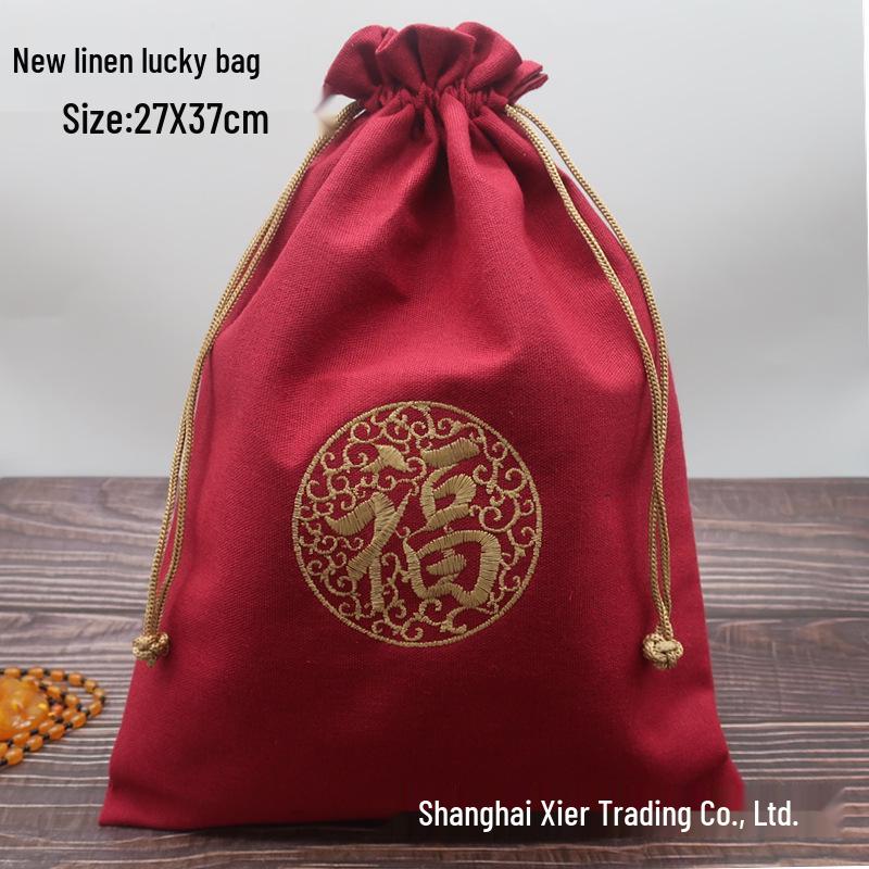 "Extra Large Embroidered Linen Drawstring Bag for Storage and Gifting"