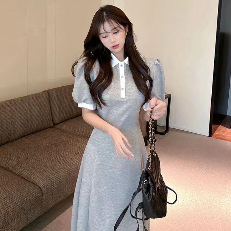College Style Polo Collar Short-sleeved Dress Women's Summer Medium and Long Waist and Thin Casual A-shaped Skirt Niche Design