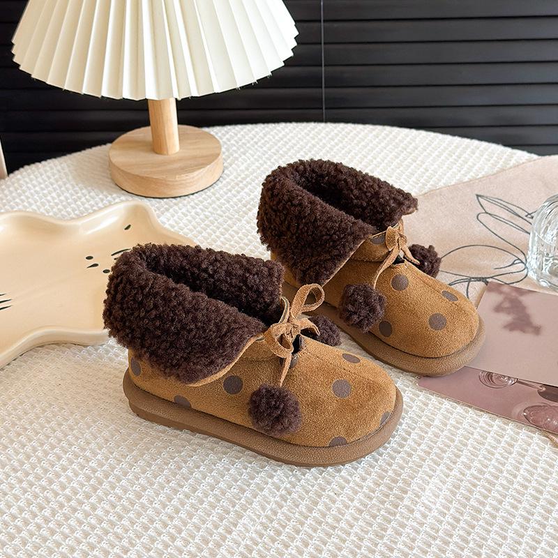 

2025 Winter Girls Polka Dot Snow Boots with Fur Ball - Warm Cotton Shoes for Kids Size 24, Length 15cm