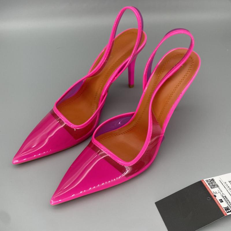 

Мода 2025 Новая женская обувь на высоком каблуке Телесного цвета Прозрачные ПВХ Сексуальный острый носок Закрытый Стилет Летние женские сандалии для вечеринок 41 розовый