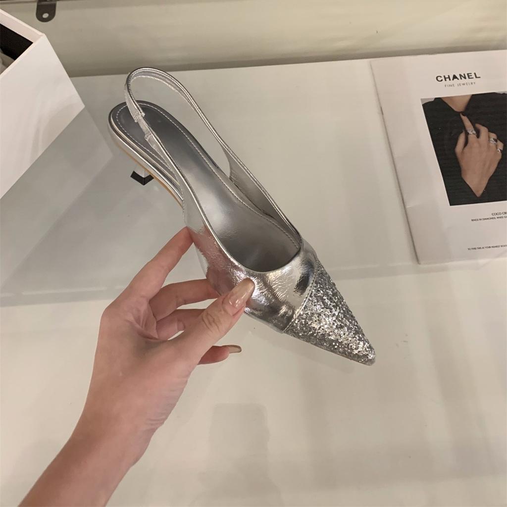 Pointed High Heels, Pink Bag Head Sandals, Fairy Shoes 2025 New Spring and Summer French Temperament Splicing Single Shoes