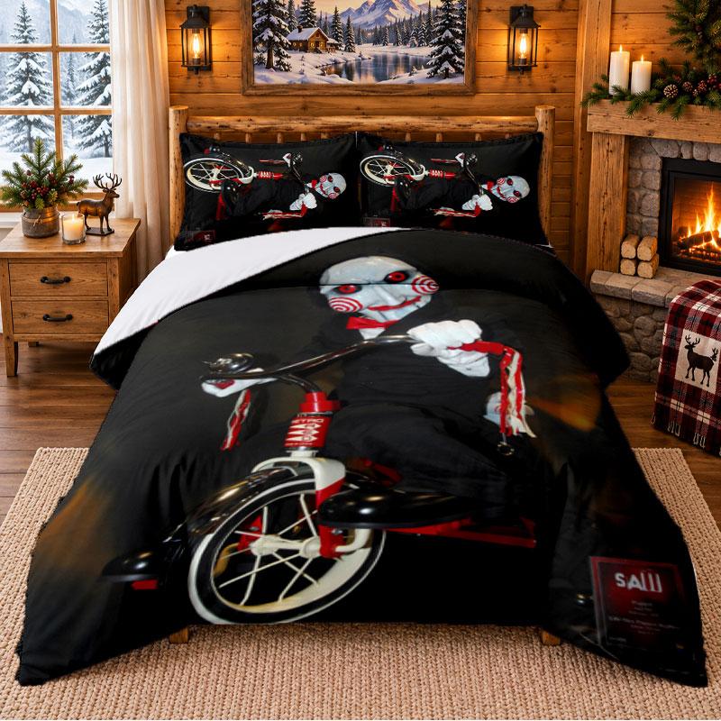 Saw Billy the Puppet Pattern Bedding 3Pcs Set Bed Sheet And Pillowcases For Indoor Bedroom