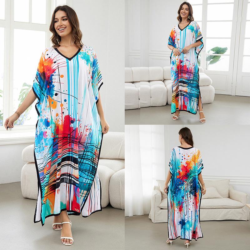 Luźny bawełniany szlafrok z nadrukiem w dużym rozmiarze - okrycie na wakacje na plaży dla kobiet