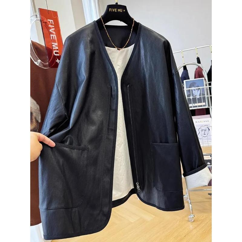 Spring Autumn Women's Faux Leather Jacket V Neck Zip Up Loose Fit Contrast Cuff Casual Outerwear