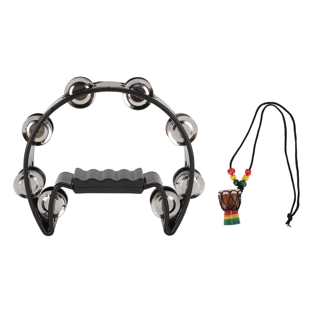 Handheld Tambourine with Hanging Decor Metal Bells Half Moon Drum Black Hand Percussion Instrument for Party Dance