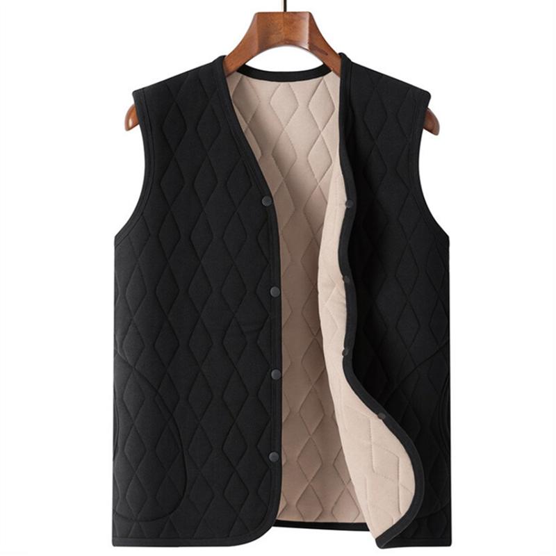 Autumn Winter Velvet Quilted Vest Men Cold Proof Sleeveless Button Casual Jacket Warm Thickened with Pocket Cotton-padded Vest