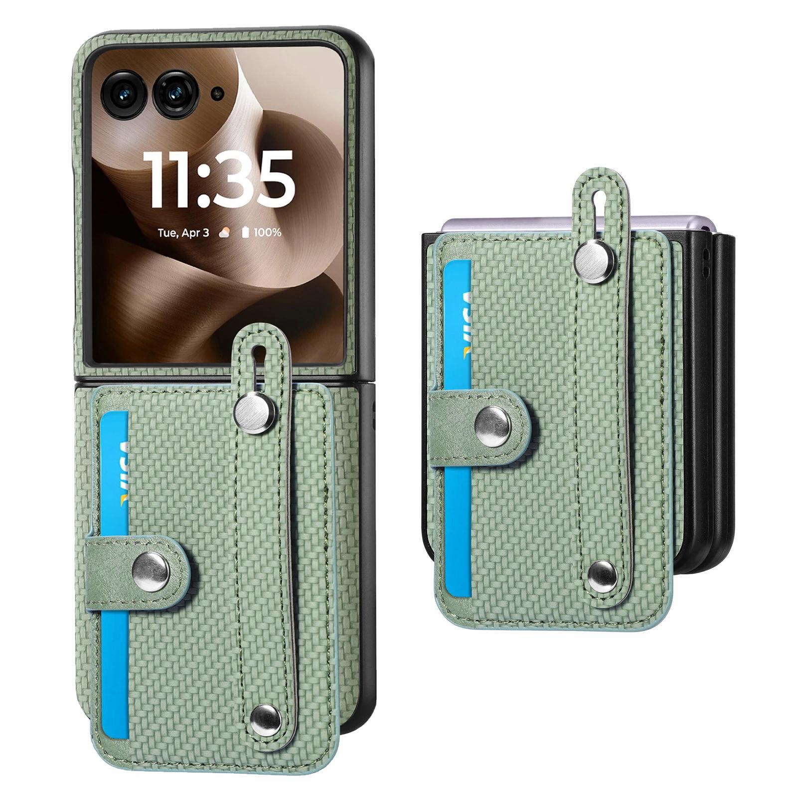 

Carbon Fiber Leather Wristband Phone Case for Motorola Razr 60 50 40 Ultra Moto Razr 60 50 40 Card Holder Wallet Cover Motorola Razr 40 зелёный