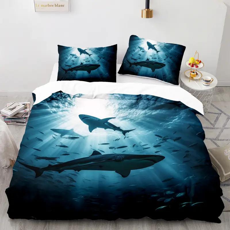 Comforter 2/3Pcs Oceanic Shark Bedding Set High-Definition Digital Print Duver 3D Pattern Soft & Skin-Friendly Bedroom