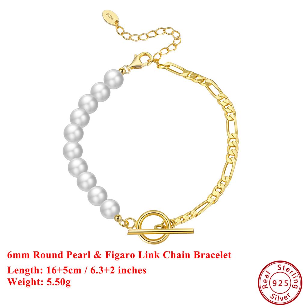 EFFIE QUEEN S925 Silber 14k Gold Rund Geformte Perlenkettenarmband Plus Figaro-Gliederkette Einfacher Schmuck für Damen Bankett GPB06