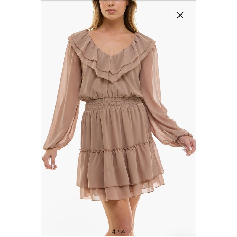 

Socialite Fantasy Light Chiffon Layered Pleat Long sleeve V-neck Dress Light Brown(No refund) XL