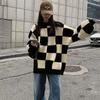 Comfortable Versatile Fashion Checkerboard Check Sweater Female Autumn and Winter Design Niche Top Retro Japanese Lazy Wind Knitwear
