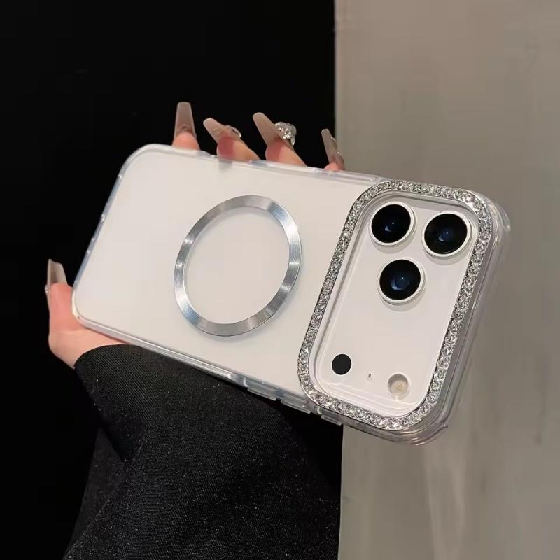 Luxury Sparkling Diamond Decorative Camera Frame Magnetic Case iPhone 17 Air 16 15 14 Plus 13 12 Pro Max 11 Shock Bumper Cover