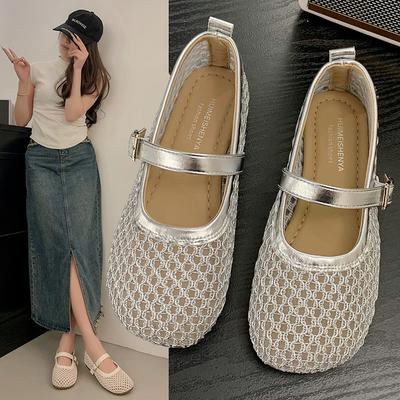 2025 Summer New Square Head Shallow Mouth Soft Sole Word with Flat Bottom Mesh Breathable Sandals Casual Mary Jane Shoes Women