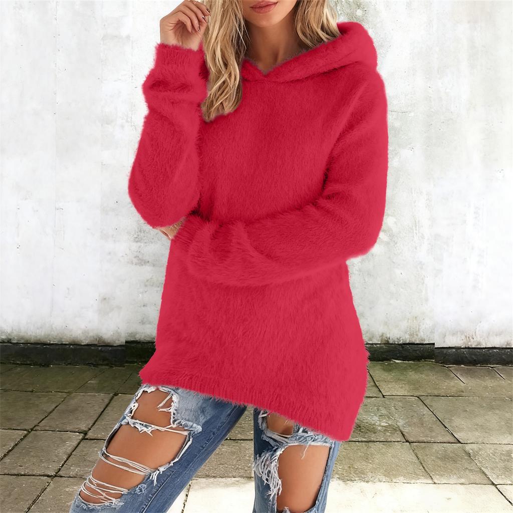 Women's Fashion Hooded Fleece Sweatshirt Solid Color Long Sleeve Warm Top