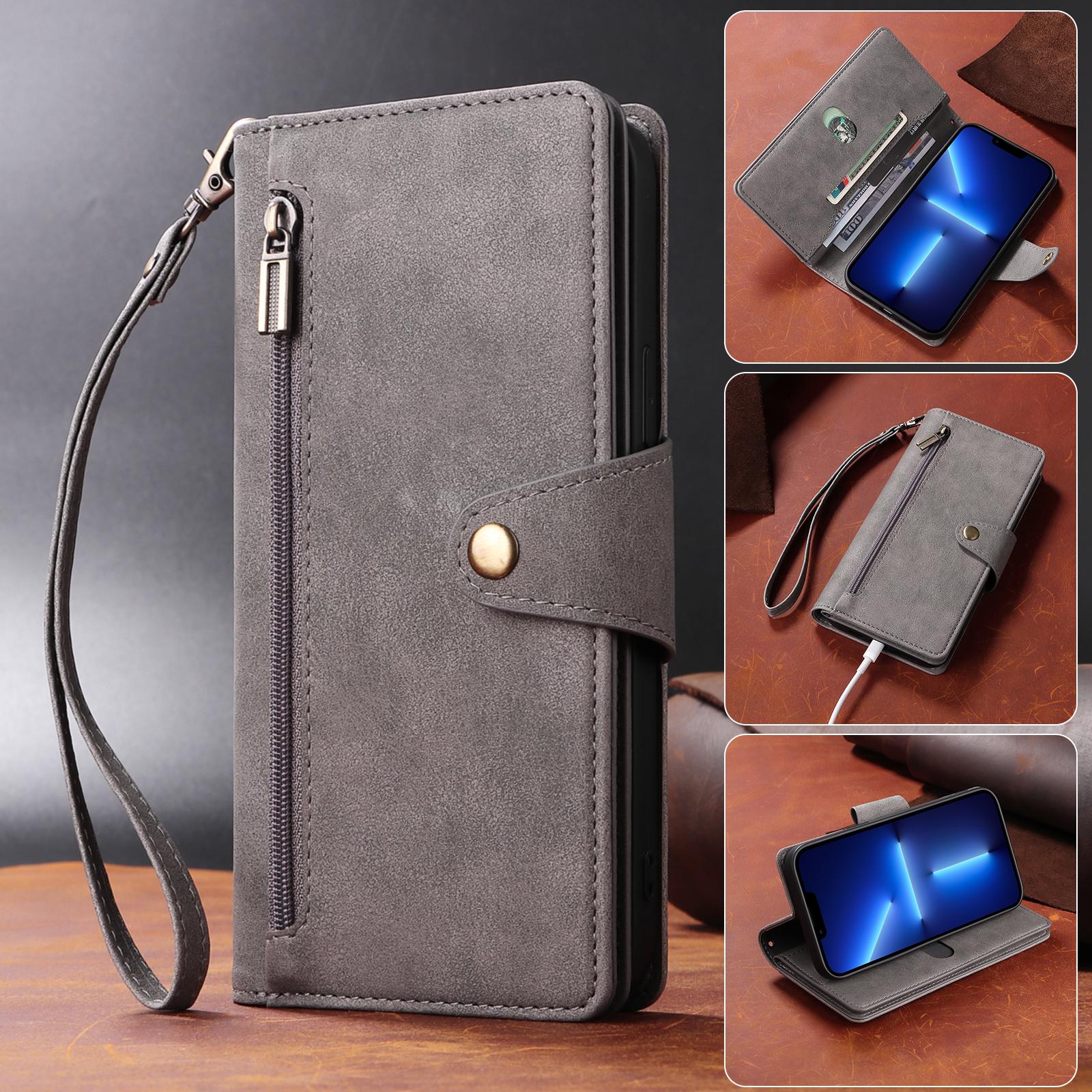 

Роскошный чехол из искусственной кожи с держателем для кредитов, откидная крышка, карман на молнии, подставка с ремешком для iPhone, Samsung OnePlus Google Google Pixel 4 XL серый