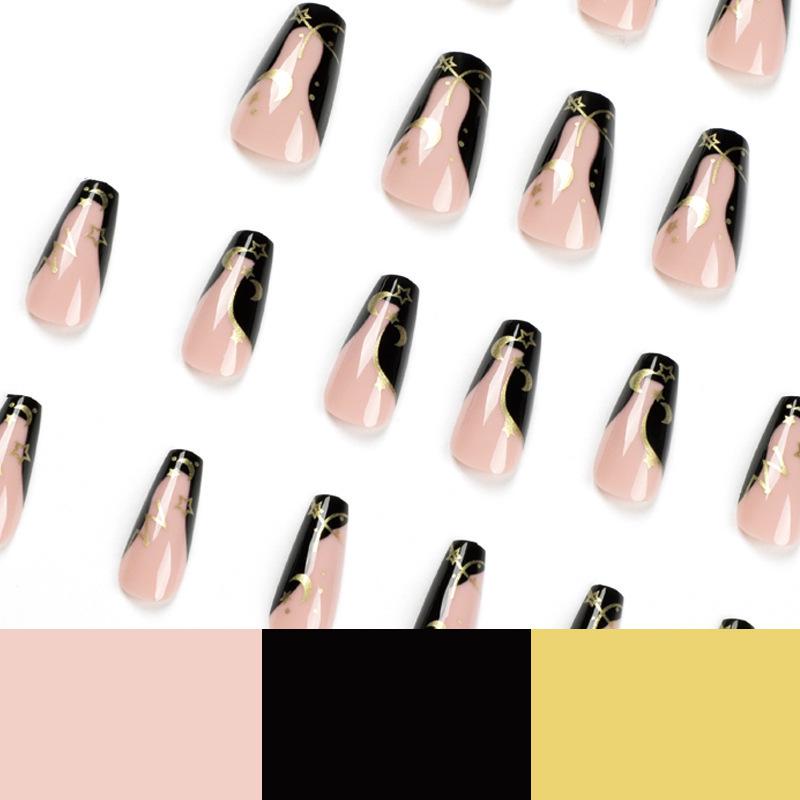 Pre-designed Press-On Nails: French Black-Edged with Star & Moon Gold Foil Accents