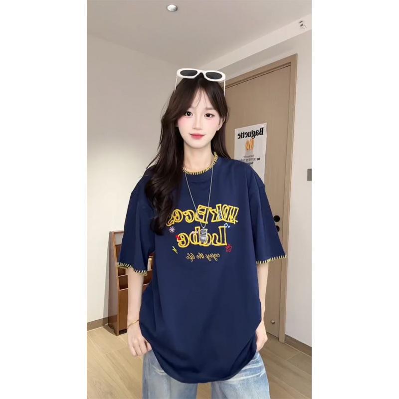 American retro pearl letter embroidered short-sleeved t-shirt women s summer new loose lazy style couple top M тёмно-синий