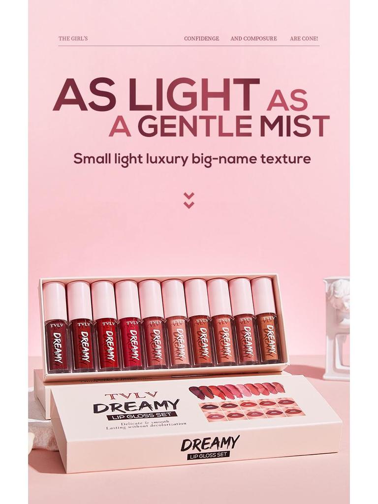 TVLV 10-Piece Matte Velvet Lip Gloss Set - Waterproof & Sweatproof