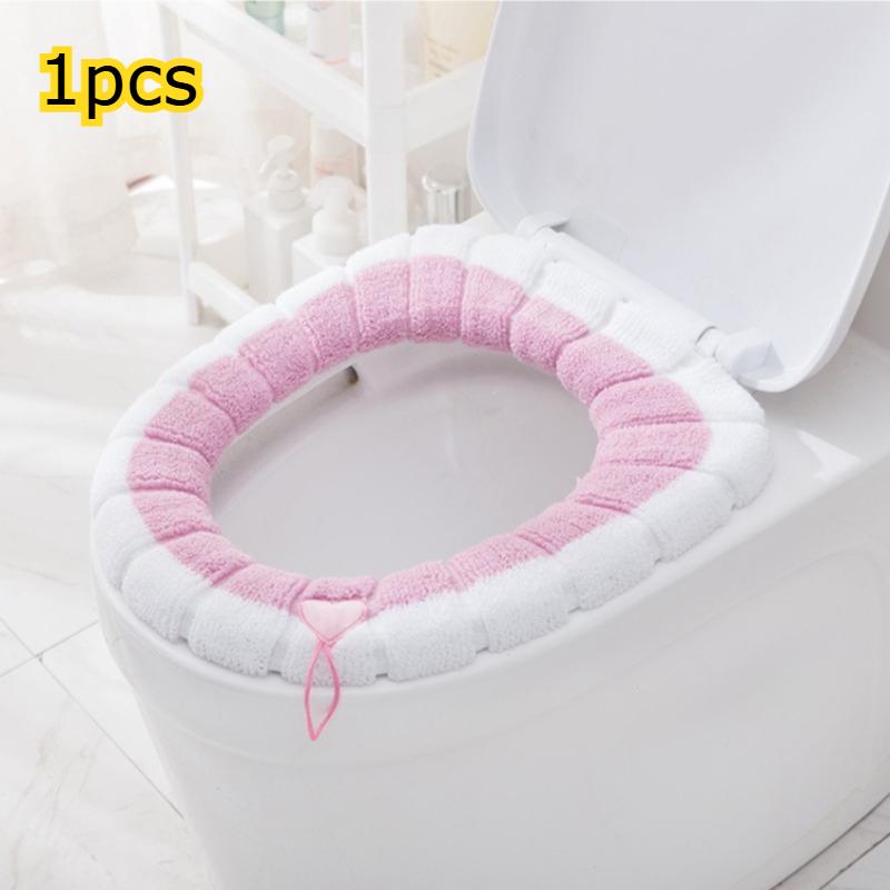1 Pack Thickened Washable Antifreeze Toilet Cover Thickened Knitted O Type Universal Stitched Color Portable Knitted Toilet Mat