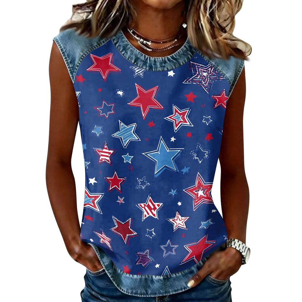 Women Sleeveless Pullover Tank Top Casual Round Neck Star Print Shirt Lightweight Summer Blouse Relaxed Fit