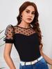 2025 Spring/Summer Women's Mesh Polka Dot Patchwork Slim-Fit Round Neck T-shirt