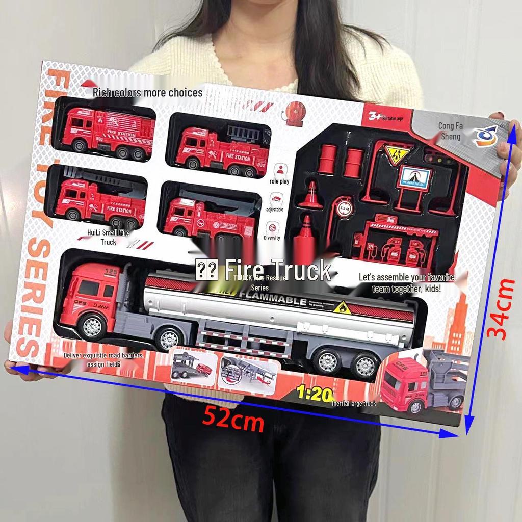 Kids' Pull-back Fire Truck Engineering Toy Set with Gift Box