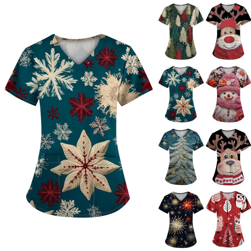 Women's Christmas Printed  Uniform Work Uniform V Neck Pocket Protective Uniform