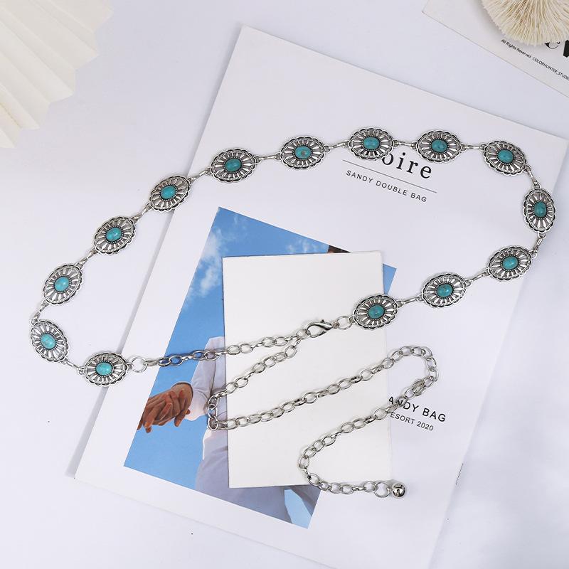 Songhua Stone Inlaid Silver Women'S Chain Ethnic Style Waist Chain Women'S Decorative Fine Belt Women'S Dress