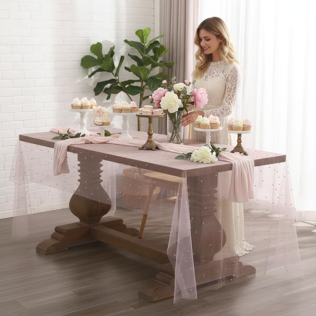 Light Green Table Runner Fabric Tulle Lace Tablecloth Rectangular Table Cover Bridal Veil for Christmas Wedding Birthday Party