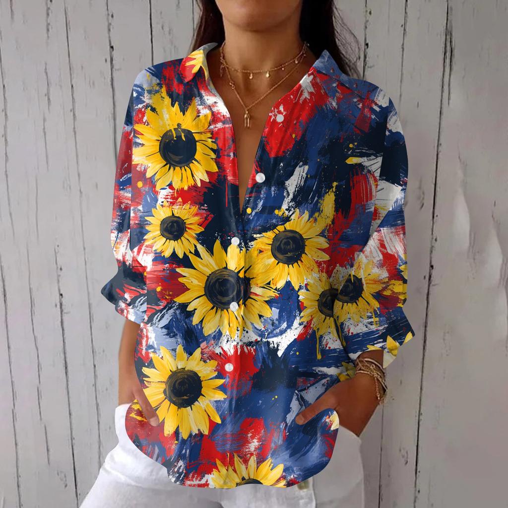Women's Fashion 3/4 Sleeve Casual Lapel Back Tie Independence Day Printed T-shirt Top