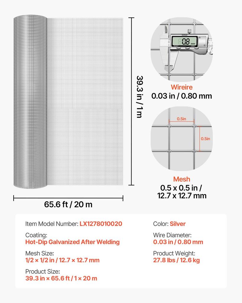 Hardware Cloth, 12.7 Mm 1 X 20 M 0.8 Mm Diameter Chicken Wire Fence, Hot-Dip Galvanized After Welding Metal Wire Mesh Roll, Garden Plant Welded