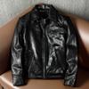 New Horsehide Waxed Tea Core Leather Jacket for Men Trendy Slim Fit Short Stand Collar Biker Coat