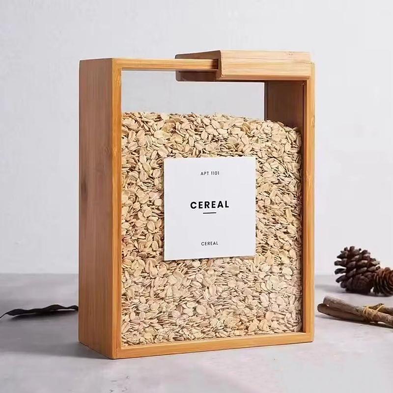 Bamboo Grain Storage Container Food Condiment Dispenser Transparent Sliding Lid Kitchen Storage Tank For Cereal, Rice, Flour