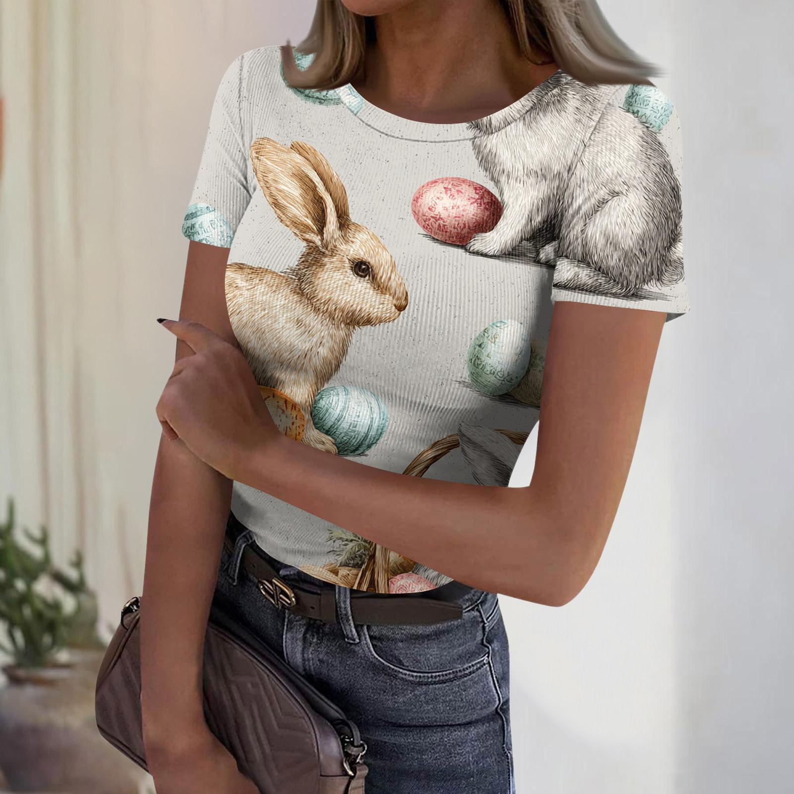 Women s Casual Fashion Round Neck Easter Print Short Sleeve Ribbed Top M