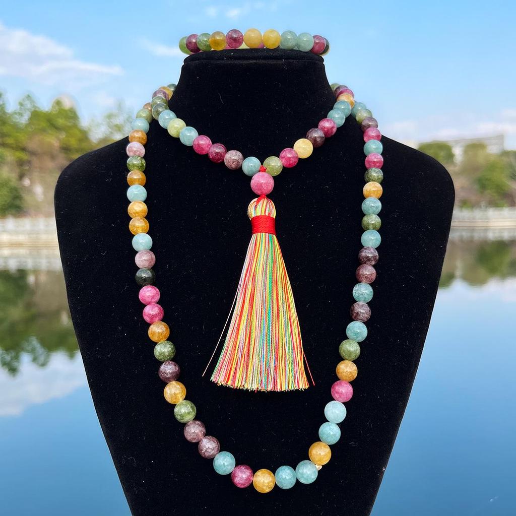 Cross-border Middle East Tourmaline Prayer Rosary: 99-Bead Bracelet with Colorful Tassel Mala Necklace.