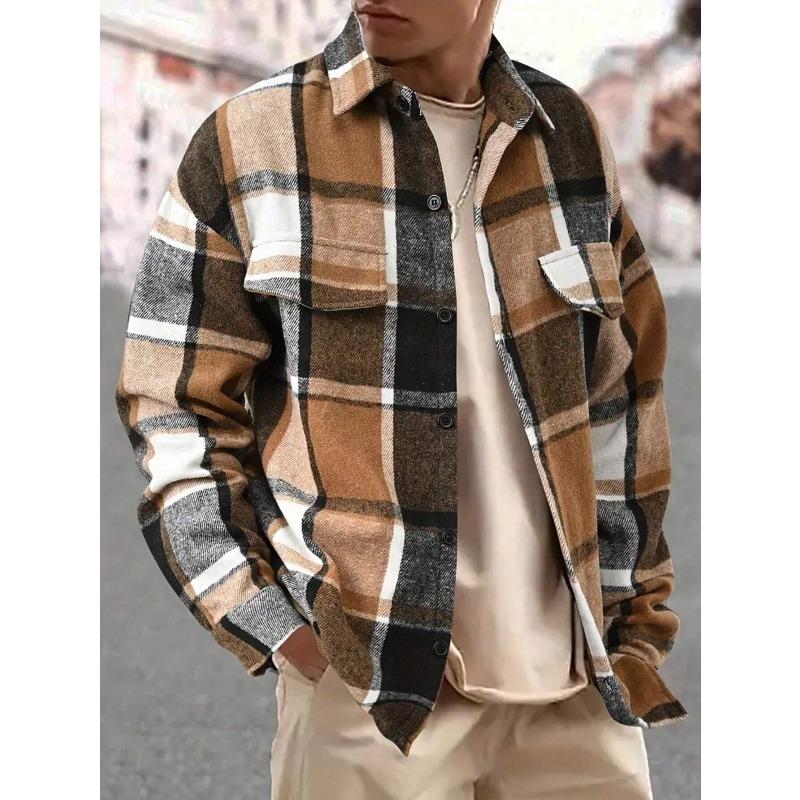 Men's Lapel Checkered Shirt Retro Brushed Casual Long-sleeved Jacket