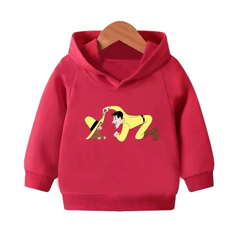Curious George Cute Monkey Print Funny Kids Hooded Hoodies Girls Clothes Children Sweatshirts Autumn Baby Pullover Tops