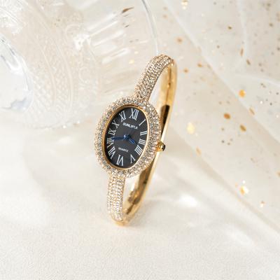 New Luxury Elegant Ladies' Bracelet Wrist Watch Roman Numeral Inlaid Rhinestones Oval Waterproof Women's Quartz Watch Reloj