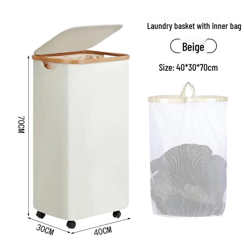 Foldable Bamboo Laundry Hamper with Lid - Oxford Cloth Dustproof Storage Basket