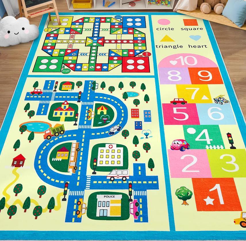 Kids Rug Colorful Animal Non-Slip Carpet for Classroom Bedroom Playroom Indoor Road Car Educational Area Rug Home Decoration