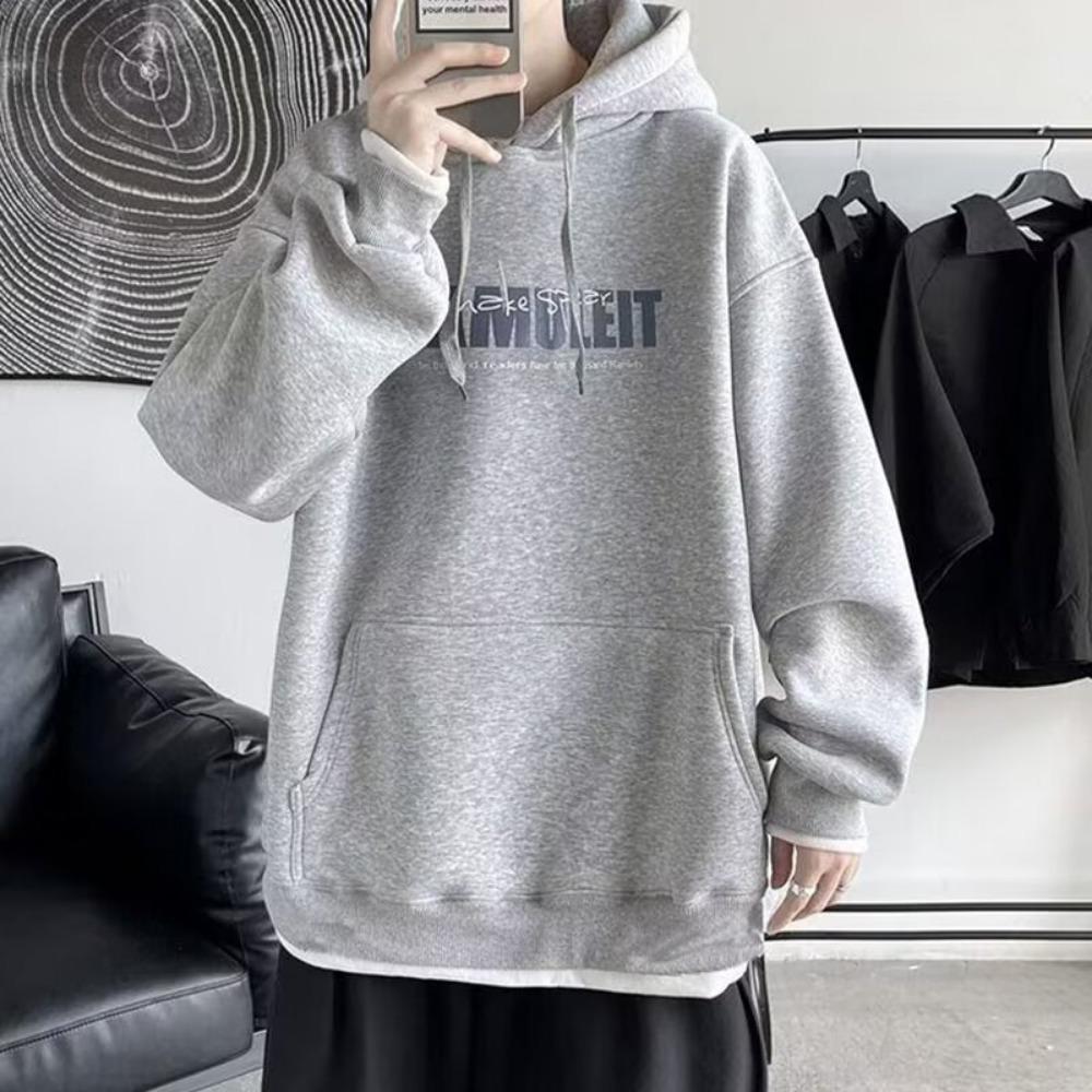 Hong Kong Style Hooded Sweater Men's and Women's Autumn and Winter Trendy Brand Letter Printing Fake Two-piece Velvet Loose Casual Versatile Hoodie