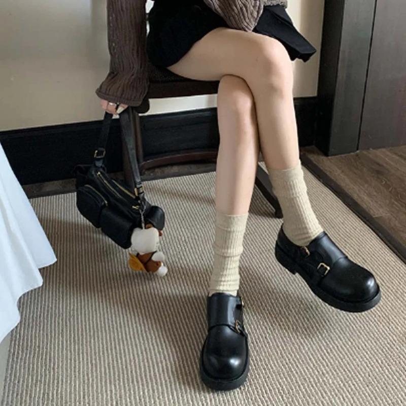 Women'S Leather Flat Shoes Retro Double Button Loafers Women'S Genuine Leather Round Toe Big Toe Women'S Shoes