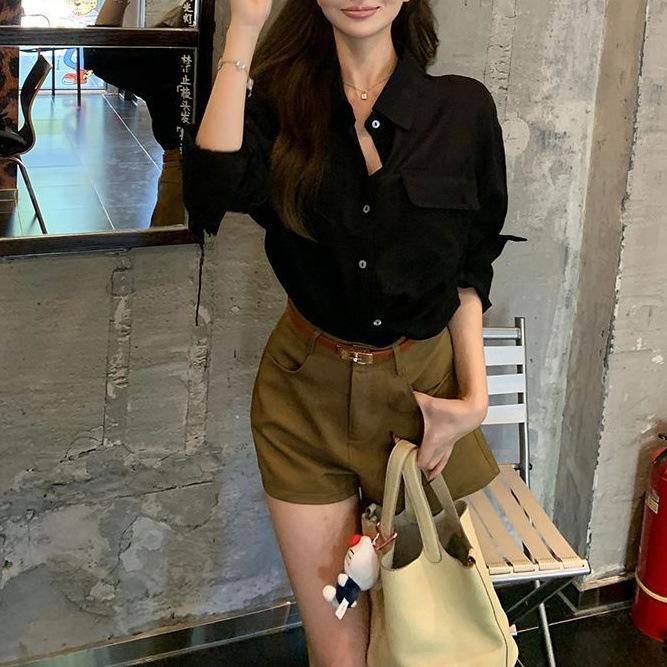 Premium retro loose long-sleeved shirt suit wide-leg shorts women s 2026 summer new fashion suit ins S