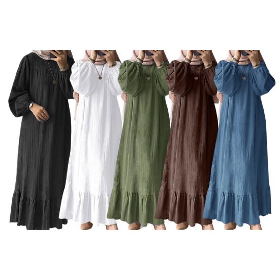 Women Dress Round Neck Puff Long Sleeve Loose Fit Maxi Dress with Layered Ruffle Hem Puff Sleeves Holiday Wear