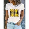 European Size Women's Blessed Script&Leopard Print T-Shirt White with Black Lettering & Golden Accent -Lightweight Loose-Fit Round Neck Short Sleeve