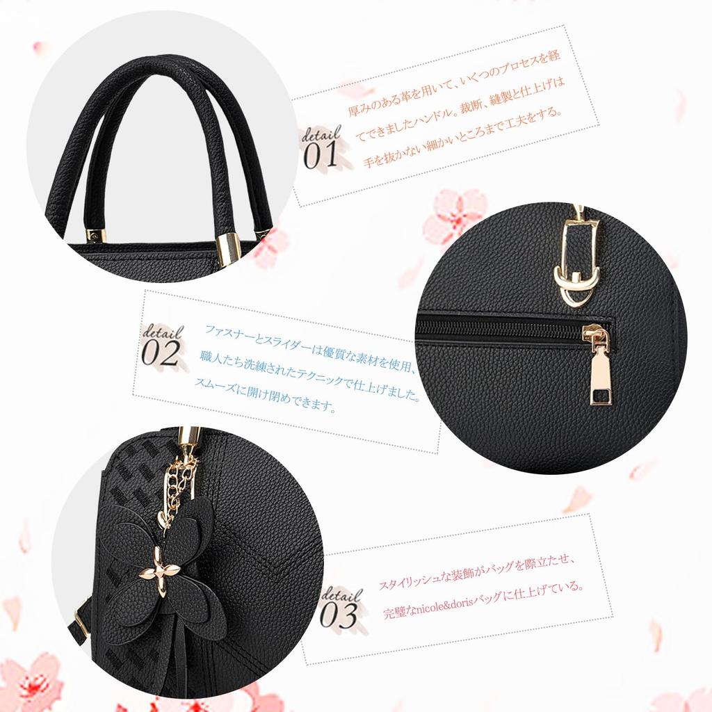 NICOLE & DORIS Women's Handbag, 2-Way, Shoulder Bag with Floral Charm, Waterproof PU Leather, Dividers, Back Pocket, Standing, Studs, Popular Gift,