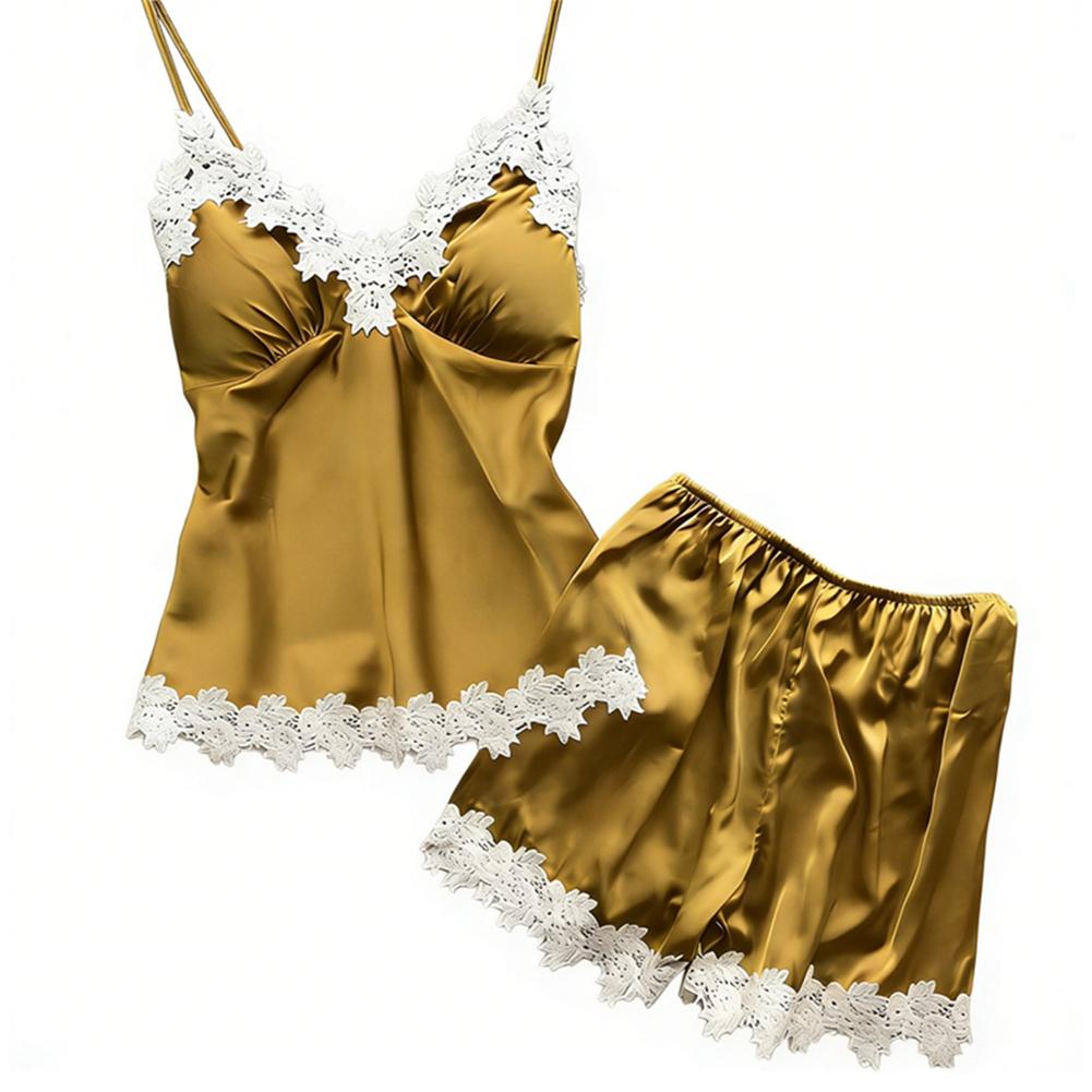 Women s Lace-Trimmed Tank Top and Shorts Pajama Set, Rayon-Like Loungewear Two-Piece Set M