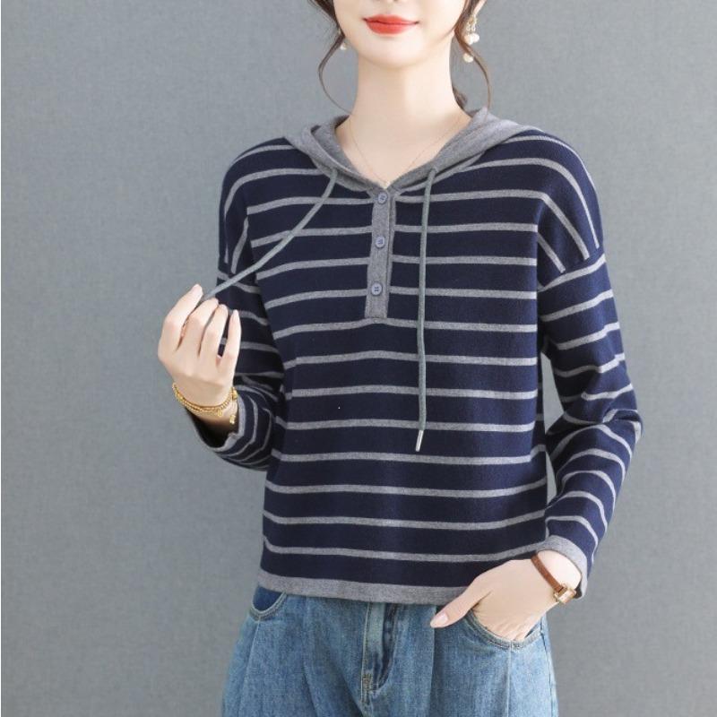 Women S Loose Fit Hooded Striped Pullover Knit Sweater Casual Top