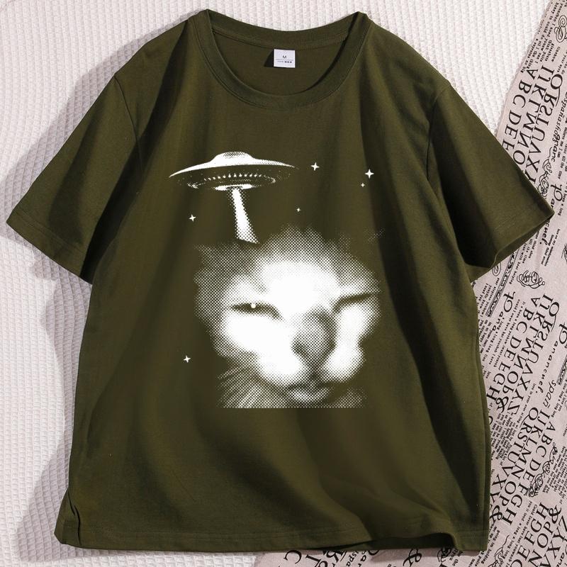 Funny Space Alien Cat Tshirt Vintage Graphic Tee 90s Silly Cats Tshirt Trendy Cotton Short Sleeve Round Neck Summer Tees