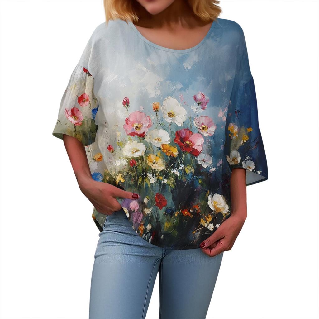 Summer Tops For Women Cute V Neck 3/4 Sleeve Blouses Floral Print Top Casual Shirts